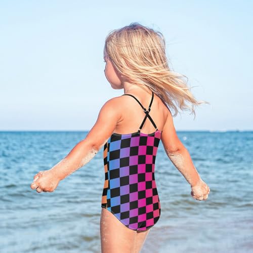 Black Rainbow Girls One Piece Swimsuits Squares Checkered Sport Halter Swimwear Beach Bathing Suit 5-6T4