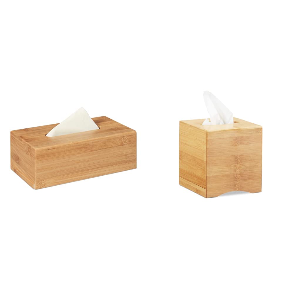 Relaxdays Kosmetiktuchbox, aus Bambus, Box für Kosmetik- & Taschentücher, Tücherbox nachfüllbar, Taschentuchbox, Natur & Kosmetiktücherbox quadratisch,HxBxT: 15,5 x 14,5 x 14,5 cm, Natur