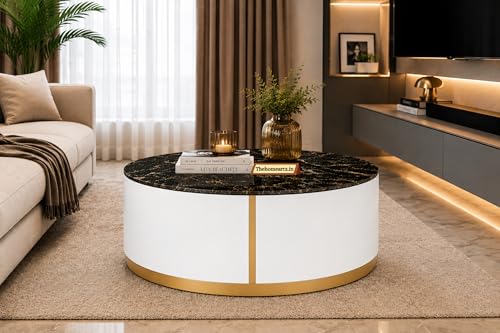 Image of Marble Top Royal Crest Round Center Table | Premium Marble Top Coffee Table for Living Room | Modern Luxury Design 36x36x17 Inch (White)