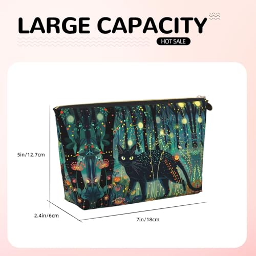 Mystical Black Cat Fireflies Makeup Bag, Cosmetic Bags Travel Toiletry Bag Make Up Bag for Women, Leather Makeup Bag Organizer, Cute Makeup Pouch Gold2