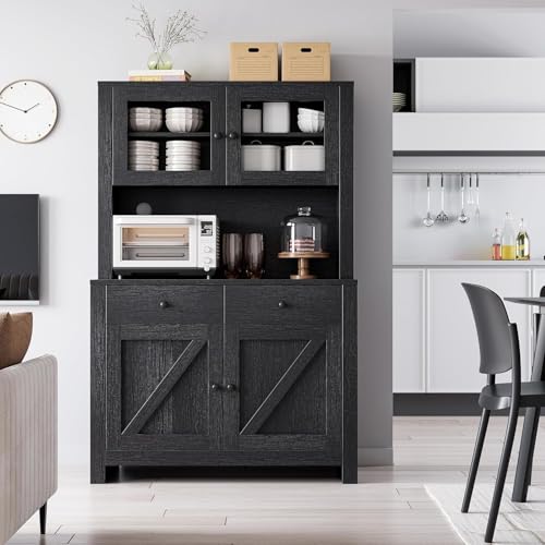 GarveeHome Kitchen Pantry Cabinet with Microwave Stand, Freestanding Hutch Cabinet with Buffet Cupboard, Tall Kitchen Cabinets with Adjustable Shelves for Dining Room, Black