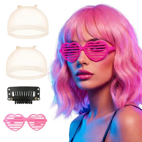 Light Pink Wigs For Women Loose Curly Pink Wig Short Curly Wig With Bangs Including Wig Cap And Sunglasses For Halloween Christmas Parties Cosplay And Daily Use