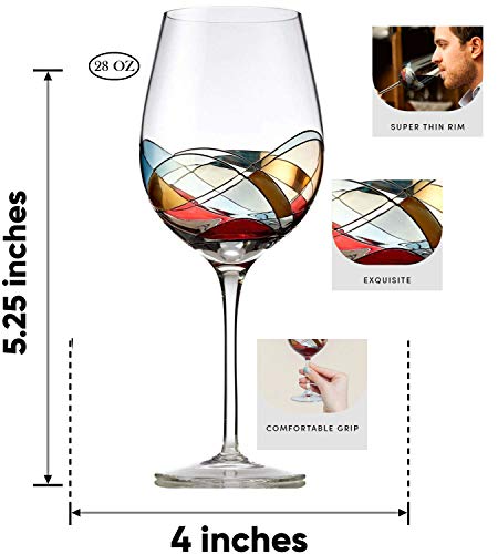Bezrat Red Wine Glasses Set of 2, Hand Painted Wine Glasses, Drinkware Essentials, 11" H, 28oz Wine Lover Large Wine Glass, Glassware Gifts Ideas for Women Inspired by The 'Duomo di Milano' (Red)