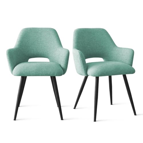 Image of Finch Fox Motel Luxurious Home Collection Upholstery Fabric Arm Dining Room Chairs in Pista Color with Black Metal Powder Coated Legs (Set of 2)