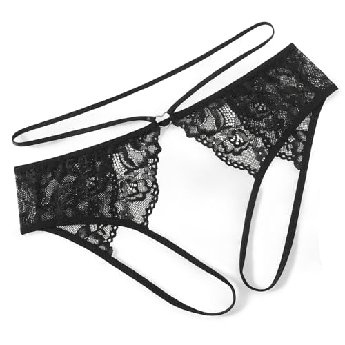 Avidlove Lace Thongs for Women Strap Cheeky Underwear Floral Lace Panties Hollow Out G-String Black L