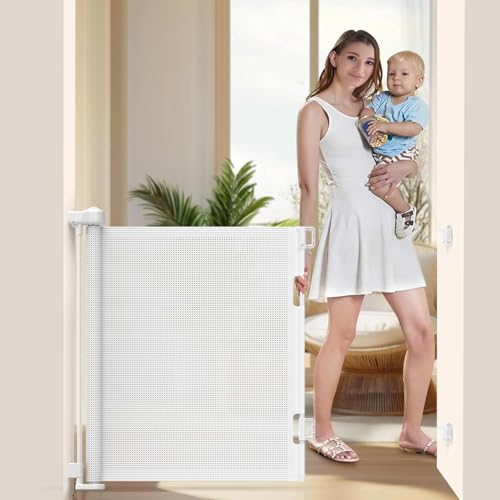 Retractable Baby Gates Extra Wide Baby Safety Gate for Large Opening Extra Long Mesh Gate for Kids or Pet Dog Gate Child Safety Gate for Stairs Hallways Doorway Indoor Outdoor White (White 150 cm)