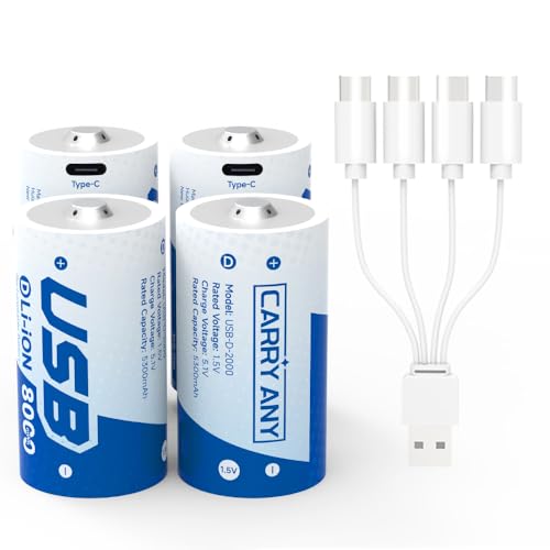 CARRY ANY 1.5V Rechargeable D Lithium Batteries 4-Pack 8000mWh High Capacity D LR20 Size Cell with 4-in-1 USB-C Charging Cable Constant 1.5V Output for Flashlight Baby Swing Camping 1600+ Cycles