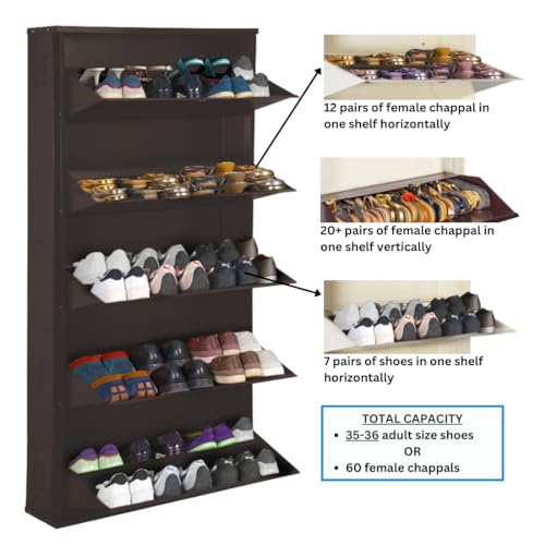 Image of DELITE KOM 29 inch Wide, 10 Shelf Metal Shoe Rack Wall Mounted for Home with Central Lock | Holds Upto 36 Shoes or 60 Slippers Pair | Double Decker, 1Yr Warranty, (67x29x8, Coffee), DIY, Space Saver