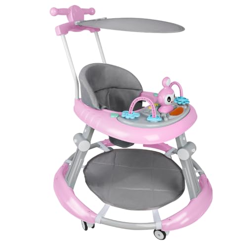 Homewell 2in1 Lauflernhilfe klappbare, Perlenschiebespielzeug, Baby Spiel- und Laufwagen, Höhenverstellbar, Lauflernwagen mit Musik & Sonnenschutz, Laufhilfe für Kinder ab 6 Monaten (Rosa)