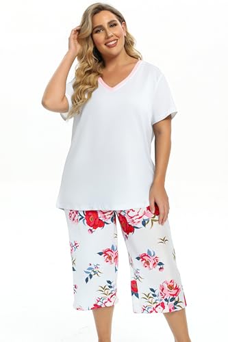 Image of Vozanet Women's Pajamas Set Soft V Neck Sleepwear Top and Capri Pj Lounge Sets Cartoon Heart Shape Cat Nighty Plus Size