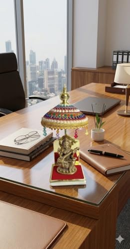 Image of Decorated Adjustable Umbrella Chhatra with Hanging Crystals (20X10X10Cm) for God Idol, Car Dashboard Office Desk Table Home Temple Decor Showpiece, Chatri Aasan L -19
