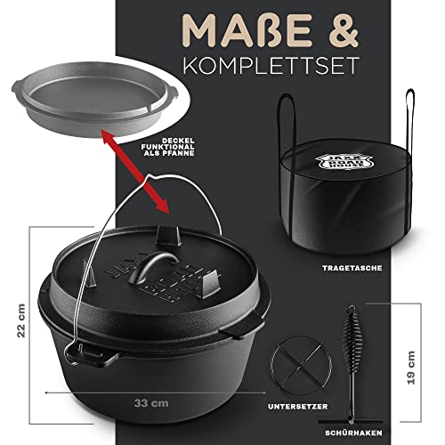 ORIGINAL DUTCH OVEN (9L), JAXX ROADHOUSE eingebrannter Gusseiserner Feuertopf mit Deckelheber & Tragetasche, für Innen und Außen