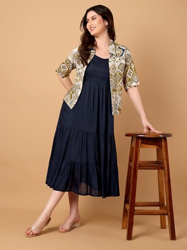 Image of Azira Women Rayon Solid Fit & Flared Dress with Printed Jacket | Perfect for Casual outings, Parties Rayon Fabric|