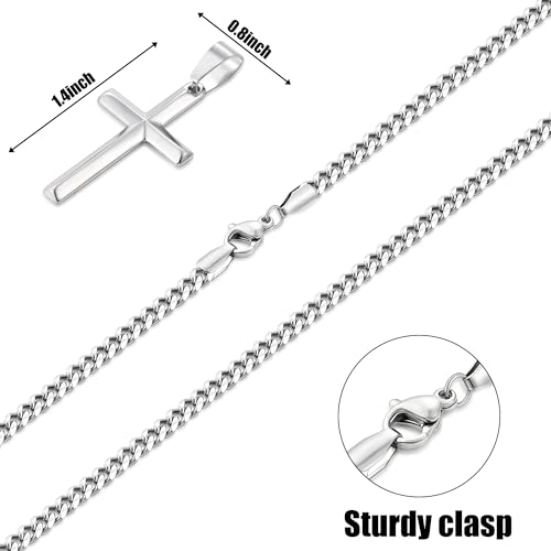 Image of Fiusem Silver Tone /Black /14K Gold Plated Cross Necklace for Men, Beveled Edge Pandent Mens Necklace, 3.5MM Stainless Steel Cuban Chain, 16-24 Inches Jewelry Gifts