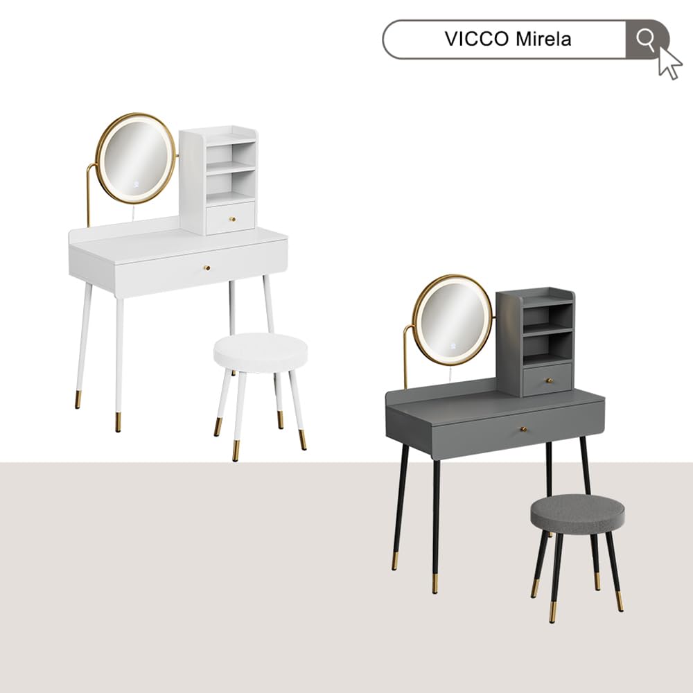 Vicco Schminktisch Mirela, Grau, 90 cm | mit LED-Spiegel und Hocker, geeignet zur täglichen Pflege und Organisation von Kosmetikartikeln