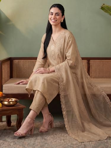 Image of INDO ERA Women's Silk Blend Ethnic Motifs Embroidered Thread Work Straight Kurta & Pant with Dupatta Set (Beige IEBBAI372 Large)