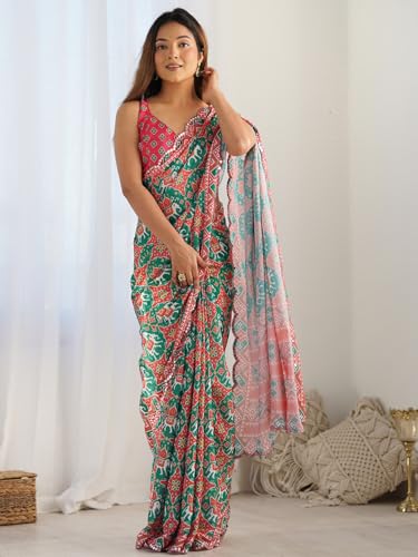 Image of Panzora Women's Chinon Printed Saree With Unstitched Blouse Piece