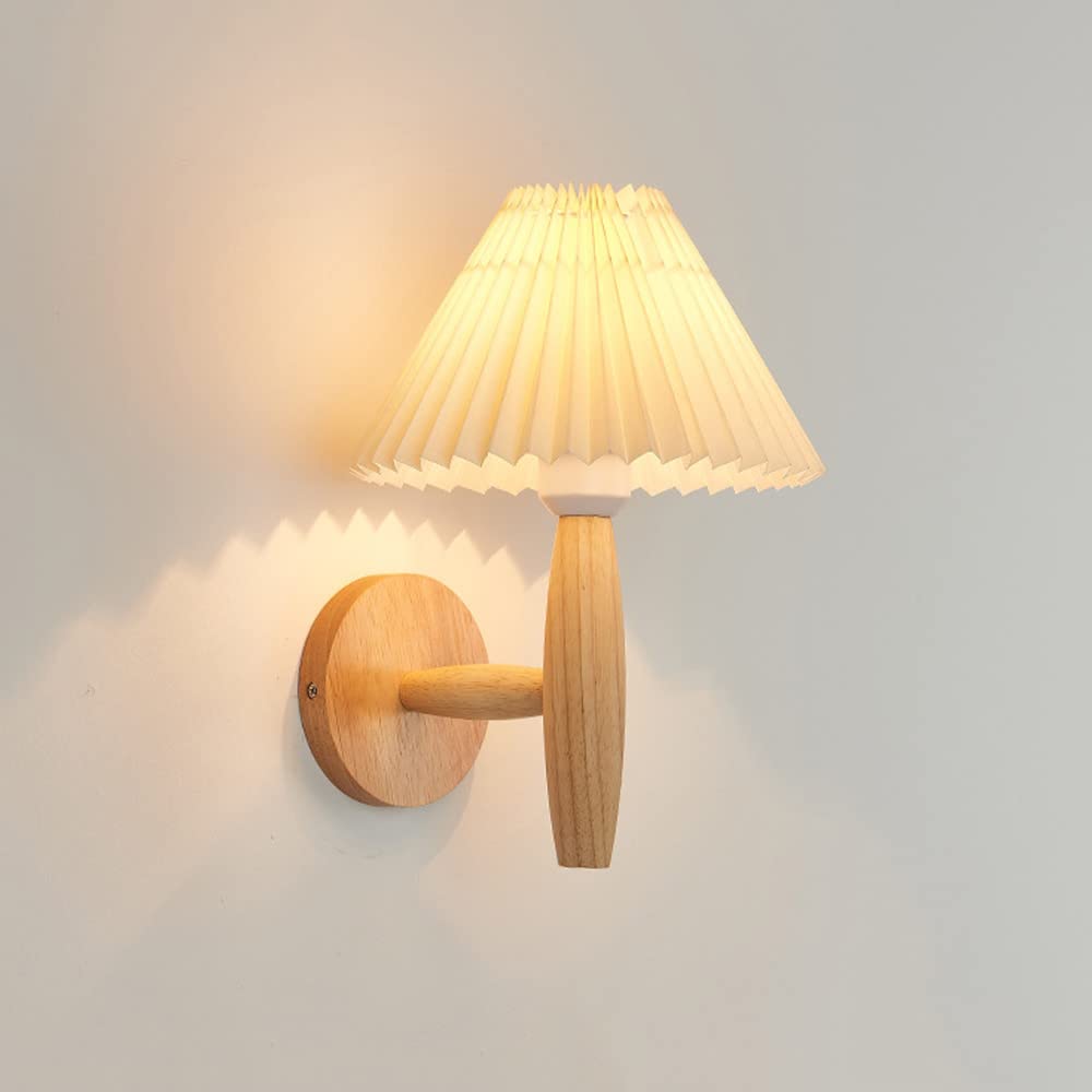 Aplique de pared nórdico de madera E27 con pantalla plisada blanca para iluminación de dormitorio
