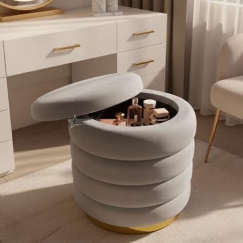 Image of Round Velvet Single-Strip Office Stool Foot Rest Stool, Linen Fabric Padded Seat Pouf Ottoman, 14 X 14 X 16 inch, Round Shape for Living Room, Office, etc. Grey