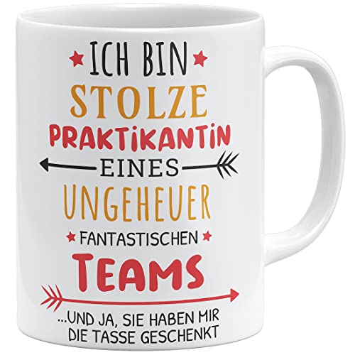 OM3® lustige Kaffee-Tasse mit Spruch - für Praktikantin Geschenkidee Geschenk | Keramik Becher | 11oz 325ml | Beidseitig Bedruckt | Weiss