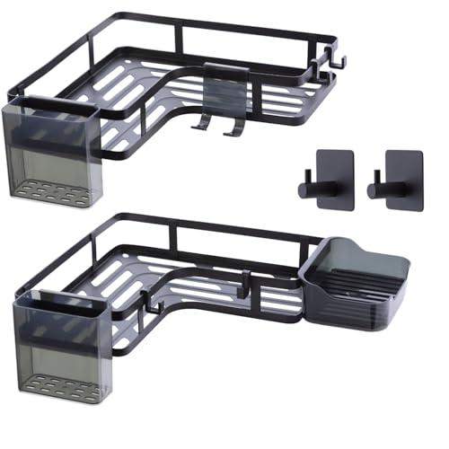 Estantería de Ducha Esquinera sin Taladro para Baño (Set 2) | Organizador de Ducha Autoadhesivo de Acero Negro Antióxido con Ganchos, Soporta hasta 7 kg por Estante | MUBBIO