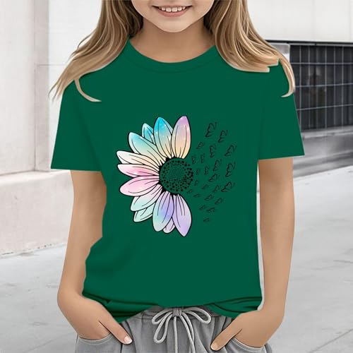 Girls Loose Fit Sunflower Graphic T Shirts Short Sleeve Crewneck Cute Pattern Printed Tops Kids (A-Green, 6-7 Years)4