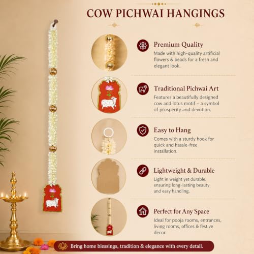 Image of Special You Ganesh Chaturthi Decoration Items - 3 Lotus Bud Hangings & 2 Cow Design Latkans for Ganpati Decoration, Pooja Room, Mandir, Janmashtami, Diwali Festival Home Decoration - 5 Pcs Set