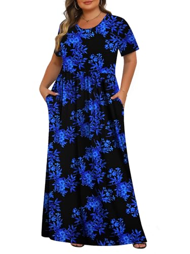 Tencede Womens Plus Size Maxi Dresses Summer 2025 Casual Short Sleeve with Pockets Long Dress 1X-5X