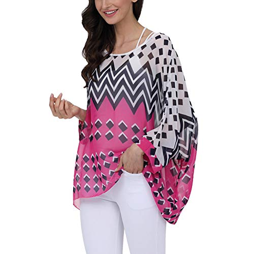 Image of Ckikiou Plus Size Batwing Flowy Semi Sheer Chiffon Blouse Tunic for Women Summer Floral Print Boho Beach Cover ups