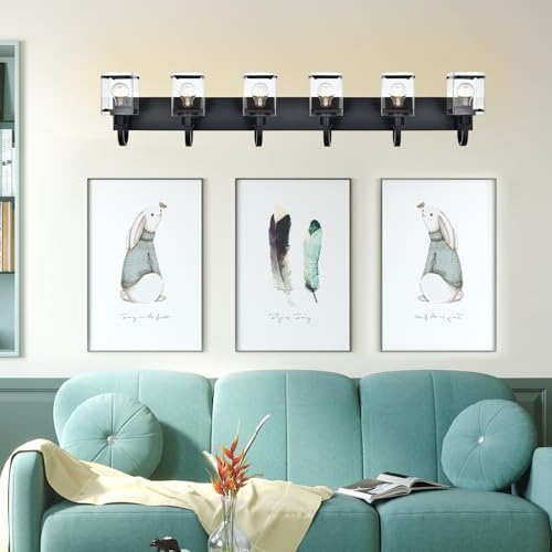 Image of 6 Light Bathroom Vanity Lights Fixtures, Black Bathroom Wall Lights Modern Bath Wall Mounted Lights with Clear Glass Shade Wall Light for Mirror Bed Hallway (E26 Base)