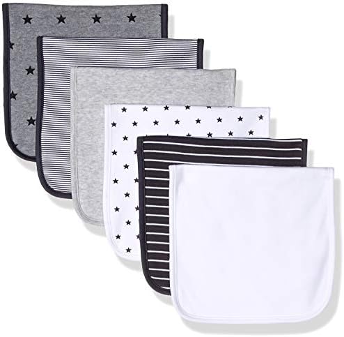 Amazon Essentials Unisex Kids' Burp Cloths, Pack of 6, Black Stripe/Grey Stars/White, One Size