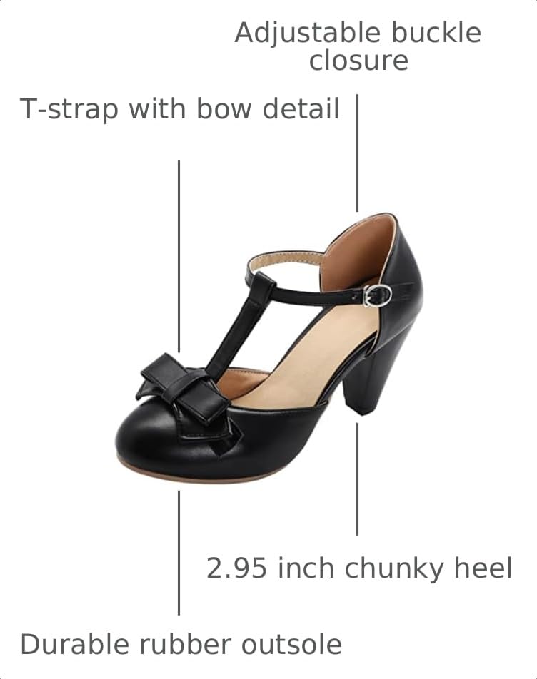 Image of Elbslutt Women's Cute Retro Rockabilly Shoes T Strap Mary Janes Heels Chunky Cosplay Shoes Sweet Block Heeled Bow Pumps