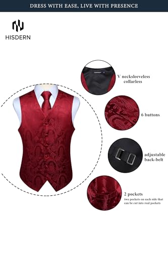 Image of HISDERN Mens Vest Tie Set 3PC Formal Waistcoat Paisley Floral Jacquard Necktie Pocket Square Suit Vests Wedding Party