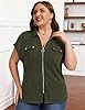 Flikity 1X Womens Tops Plus Size Shirts V Neck Business Casual Short Sleeve Oversized Blouses Zip Front Polo Shirts Summer 2026 Ladies Tops to Hide Tummy Army Green #3