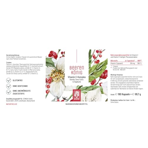Vitamin C Komplex 180 Kapseln natürliches Vitamin C hochdosiert aus Acerola, Hagebutte & Camu Camu - Natürlich, pflanzlich, vegan und ohne Zusätze - 6 Monatsvorrat