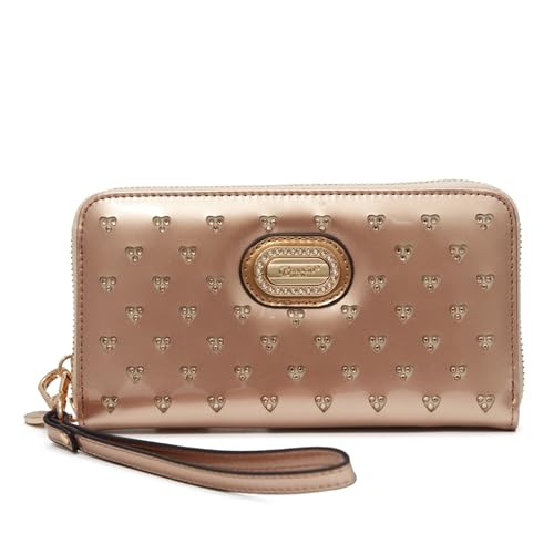 Starz Art Retro Vegan Leather Designer Women's Wallet with Rhinestone Accents, Heart Design Patent Leather Wristlet (Champagne)