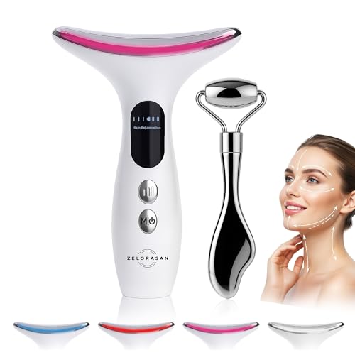 ZELORASAN Set Masajeador Facial y Rodillo Gua Sha - Masajeador Facial Eléctrico Antiarrugas Para Cara y Cuello, 4 Modos de Luz, temperatura 45 ºC, Ice Roller Gua Sha, Lifting, Antiedad, Reafirmante