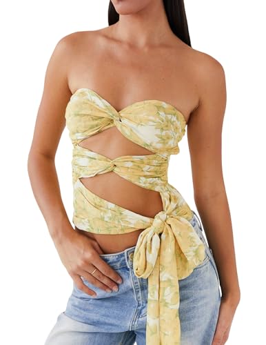 Women Y2k Twist Knot Tube Top Hollow Out Ruched Bandeau Tops Tie Up Strapless Going Out Summer Tops (Yellow, S)