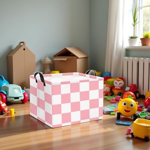 Image of Rectangular Storage Basket for Home Kitchen Girls Cute Storage Bin Organizer Shelf Book Room Decor(Pink Checked)