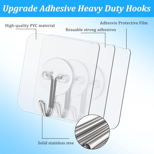 Image of MAQUITA 150 Pack Heavy Duty Adhesive Hooks, 24lb Max Clear Sticky Hooks for Walls, No Drill Reusable Transparent Hanging Hook for Kitchen, Bathroom, Office & Home Organization