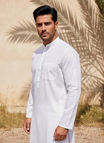 Image of Men's Solid Regular Fit Ethnic Wear White Kurta Pajama Set with Front Pocket