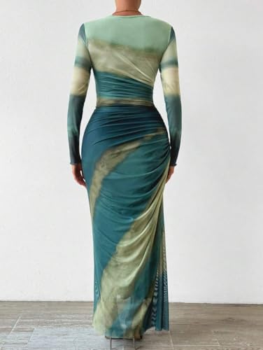Image of LIGHT DOT Women's Printed Bodycon Maxi Dress Long Sleeve Tie Dye Mesh Ruched Cocktail Dress
