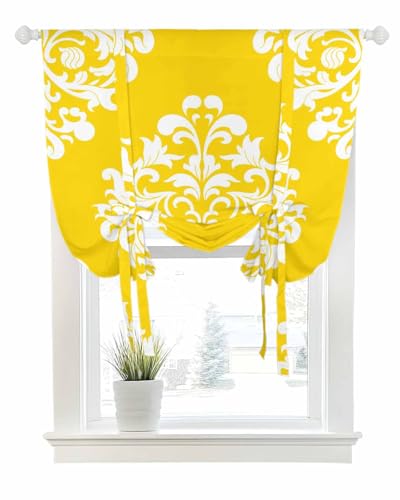 Tie Up Curtains for Windows Vintage Flowers Pattern Art Rod Pocket Tie-Up Window Shade Adjustable Balloon Curtain Valance Abstract Floral on Yellow for Bedroom Kitchen Bathroom Blinds,42x45in