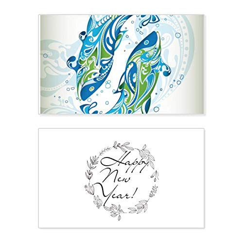 Tarjeta conmemorativa de Año Nuevo con ilustración de animales marinos y fondo festivo