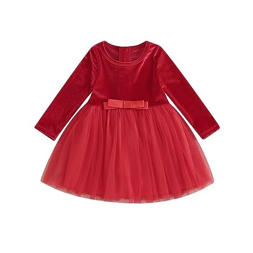 ESSECMBS Vestido de Navidad de Tul de Niña Vestido de Invierno de Manga Larga Recién Nacido Vestido Elegante Bebé Vestido de Princesa Niña Navidad Vestido de Terciopelo Rojo de Fiesta, rojo, 12-18