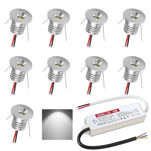 DYKUWEY Faretto da incasso 1W 9 pezzi Mini Luci da incasso 12V Faretto a LED per soffitto camera da letto Armadietto del bagno Scala per posto auto coperto (Argento Bianco Freddo 6000K)