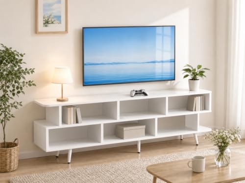 Lightdot 65" TV Stand Fits TVs Up to 75 Inch, Modern Entertainment Center with Power Outlet & Open Storage Shelves, Sofa Cabinet Media Console, Easy Assembly TV Table for Living Room,Bedroom,White