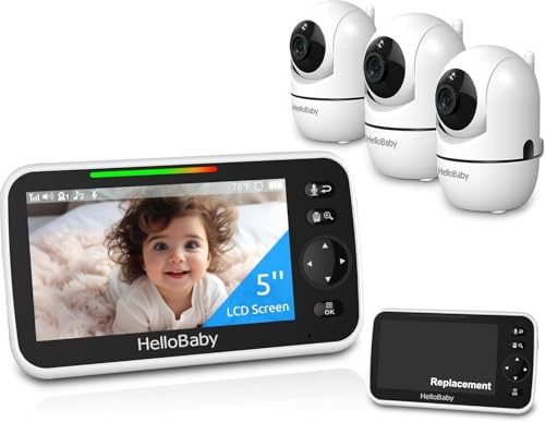 Image of HelloBaby 5" Screen No WiFi Baby Monitor with 3 Cameras + 1 Replacement Monitor, 30H Battery, 1000ft Range, Pan-Tilt-Zoom, Night Vision, VOX, 2-Way Talk, Portable Travel