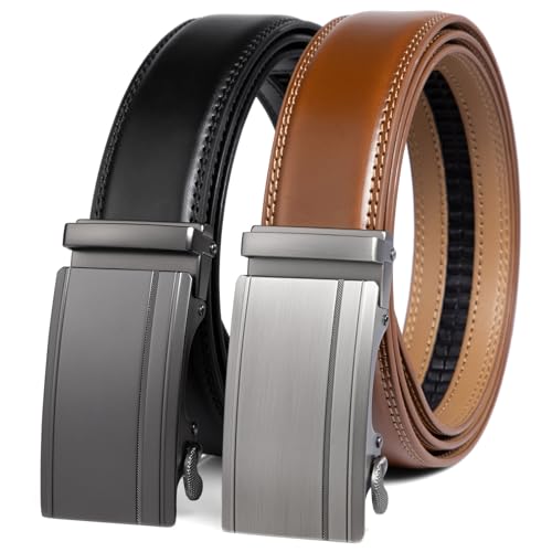 Image of 2 Pack Ratchet Belt 1 3 /8 inch, Mens leather Dress Belt in Gift Set Size 28 inch-62 inch Adjustable waist Trim to Fit