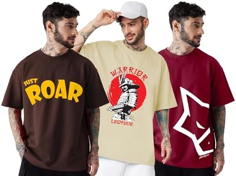 LEOTUDE Men's Cotton Regular Fit Half Sleeve Oversized Tshirt, Round Neck Longline Drop Shoulder | ful Printed Combo T-Shirt (Pack of 3)